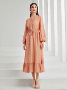 Mulvari Đường viền cổ có rãnh Tay áo lồng đèn Xù Hoa Sen Đầm - Màu Cam san hô - Xem 5