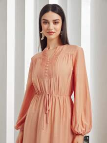 Mulvari Đường viền cổ có rãnh Tay áo lồng đèn Xù Hoa Sen Đầm - Màu Cam san hô - Xem 6