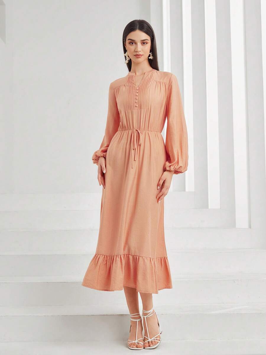 Mulvari Đường viền cổ có rãnh Tay áo lồng đèn Xù Hoa Sen Đầm - Màu Cam san hô - Xem 1