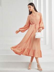 Mulvari Đường viền cổ có rãnh Tay áo lồng đèn Xù Hoa Sen Đầm - Màu Cam san hô - Xem 7