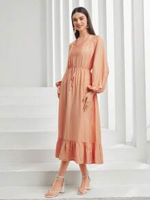 Mulvari Đường viền cổ có rãnh Tay áo lồng đèn Xù Hoa Sen Đầm - Màu Cam san hô - Xem 8