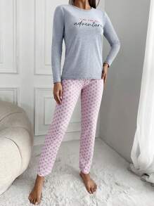 RueChic Conjunto de pijama de Camiseta con estampado de eslogan 100% algodón y Pantalones con estampado de lunares - Gris - Ver 5