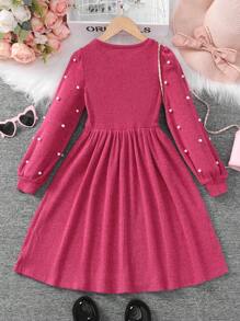 SHEIN Tween Girl College Style Faux Pearl Decor Round Neck Lantern Sleeve Knitted Midi Dress - Hot Pink - View 2