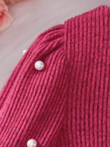 SHEIN Tween Girl College Style Faux Pearl Decor Round Neck Lantern Sleeve Knitted Midi Dress - Hot Pink - View 3