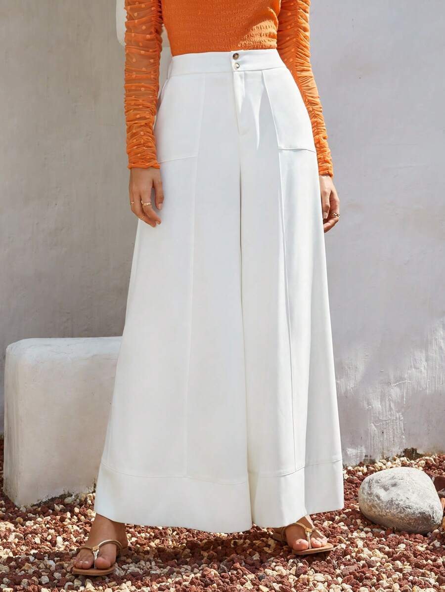 SHEIN Clasi 素色闊腿褲 - 白色 - 查看 1