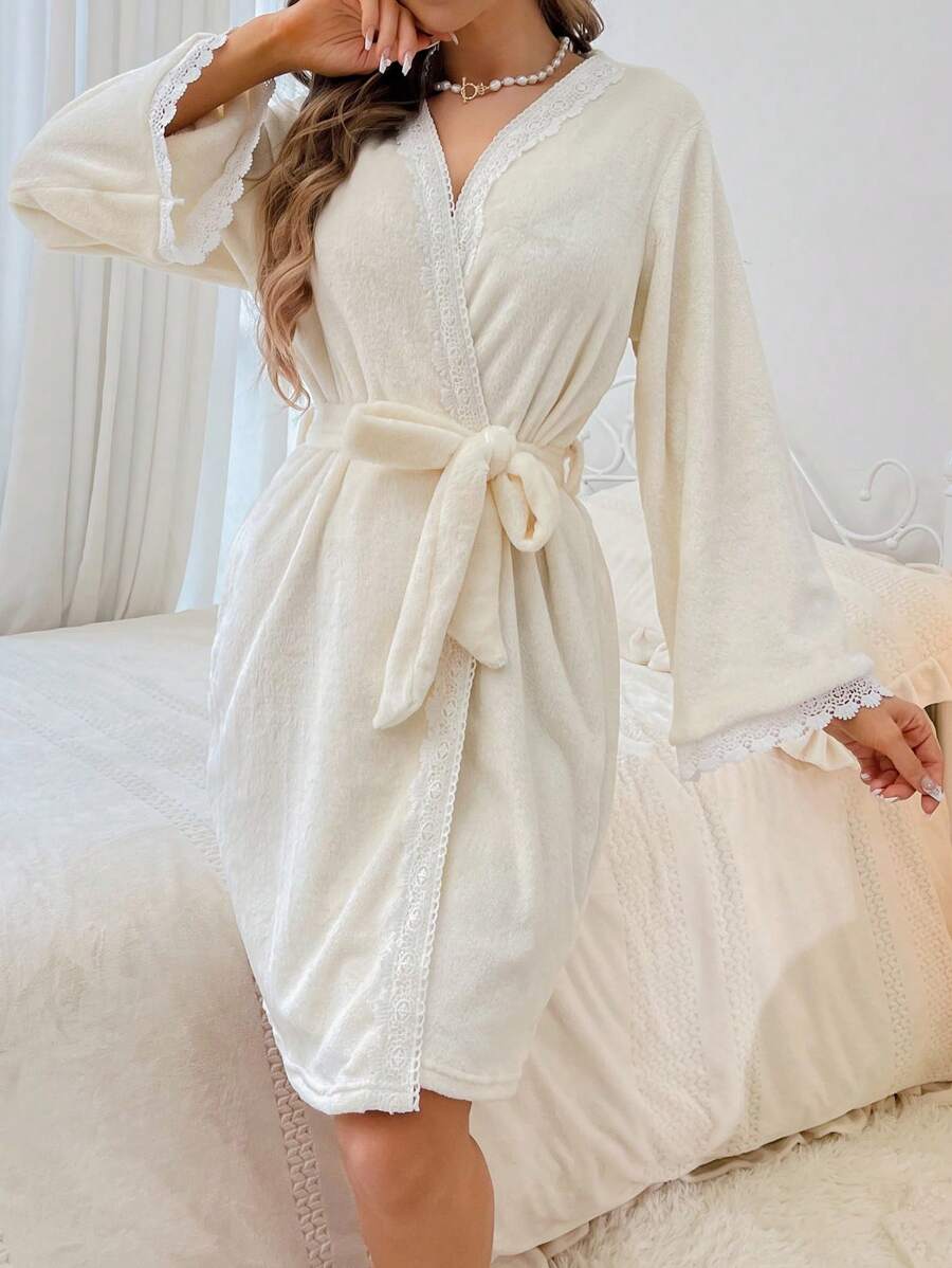 Lace Trim Belted Robe | SHEIN USA