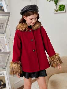 SHEIN Tween Girl Fuzzy Trim Raglan Sleeve Overcoat for Christmas - Burgundy - View 3