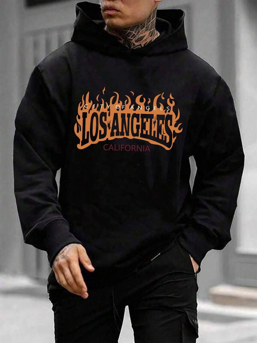 Manfinity 男士火和字母圖案連帽衫 - 黑色 - 查看 1