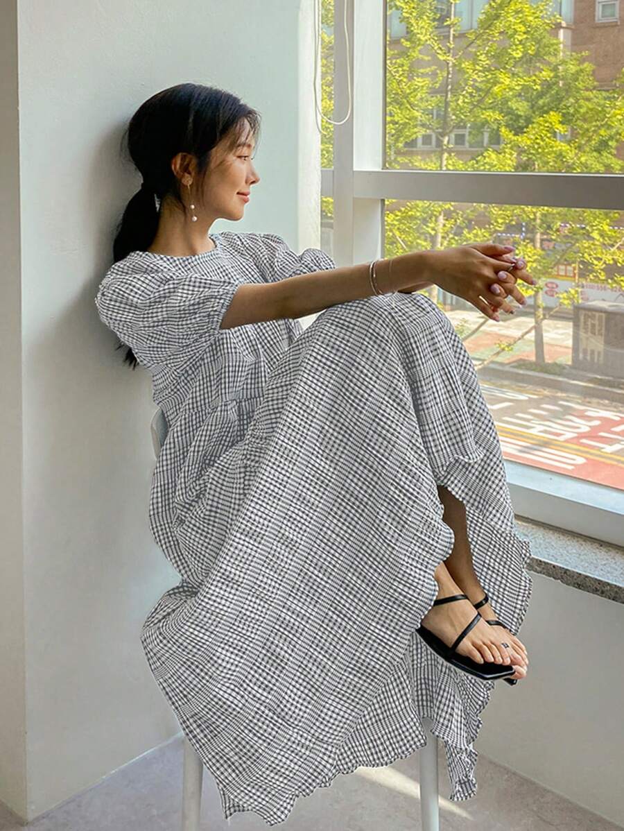 DAZY Gingham Print Puff Sleeve Dress - Grey - View 1