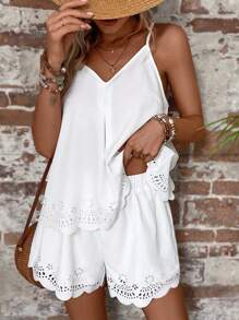 Breezaya Hollow Cut Scallop Trim Split Back Cami Top & Shorts