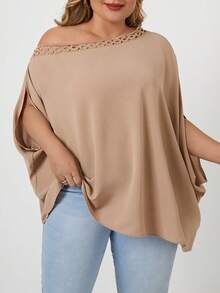 SHEIN VCAY 大碼素色蝙蝠袖襯衫 - 杏色 - 查看 4