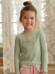 Cô Gái Trẻ Hoa Đã vá Ren Mộc nhĩ Áo thun - Màu xanh Bạc hà - Xem 1