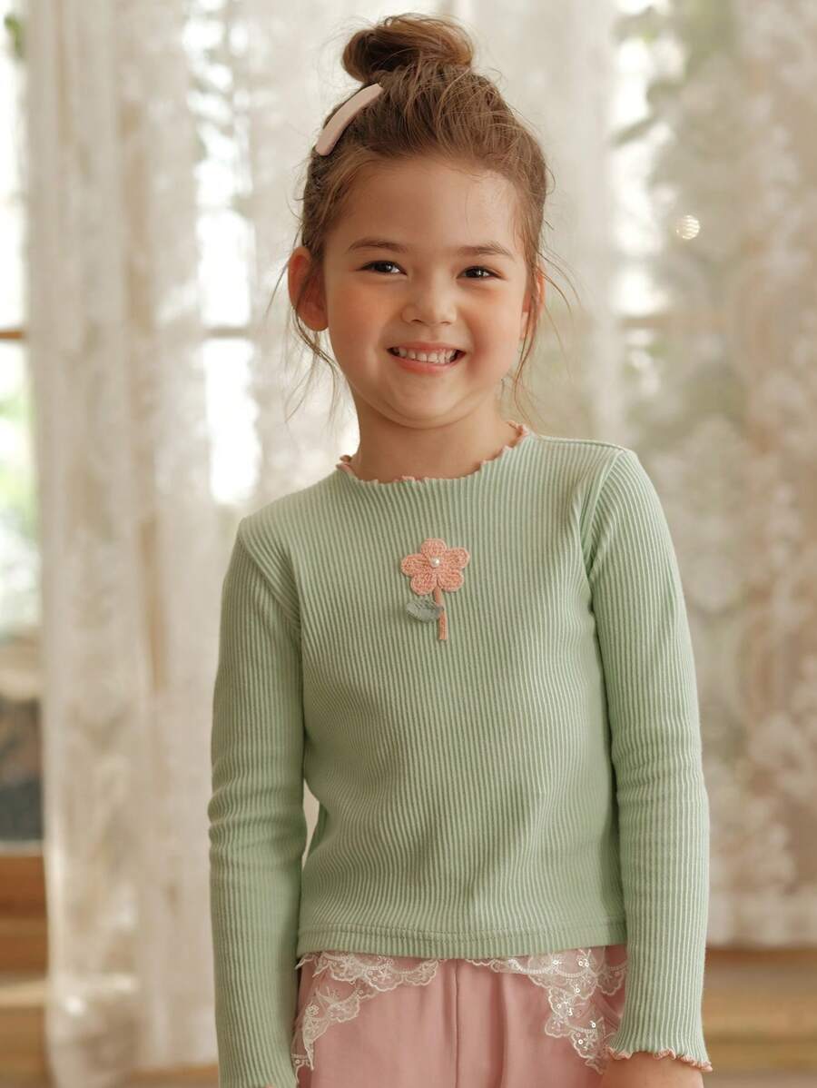 Cô Gái Trẻ Hoa Đã vá Ren Mộc nhĩ Áo thun - Màu xanh Bạc hà - Xem 1