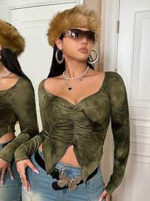 SHEIN ICON Hơn Nhuộm buộc Xù Viền chia cắt Áo thun - Nhiều màu - Xem 6