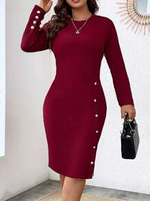 Celure Plus Button Detail Split Hem Bodycon Dress Burgundy Color Women Outfit - Burgundy - View 7
