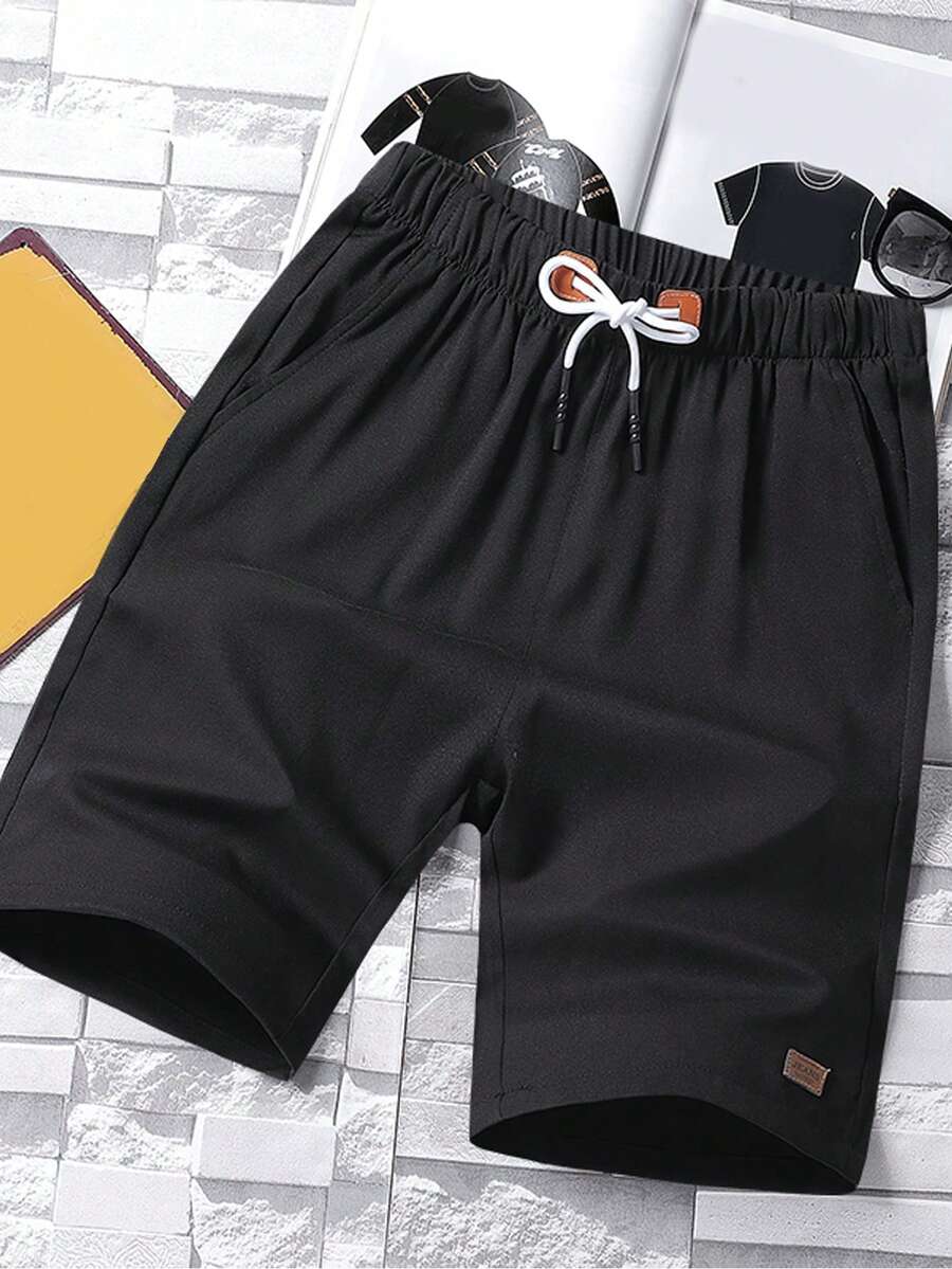 Men Letter Patched Drawstring Waist Shorts - Black - View 1