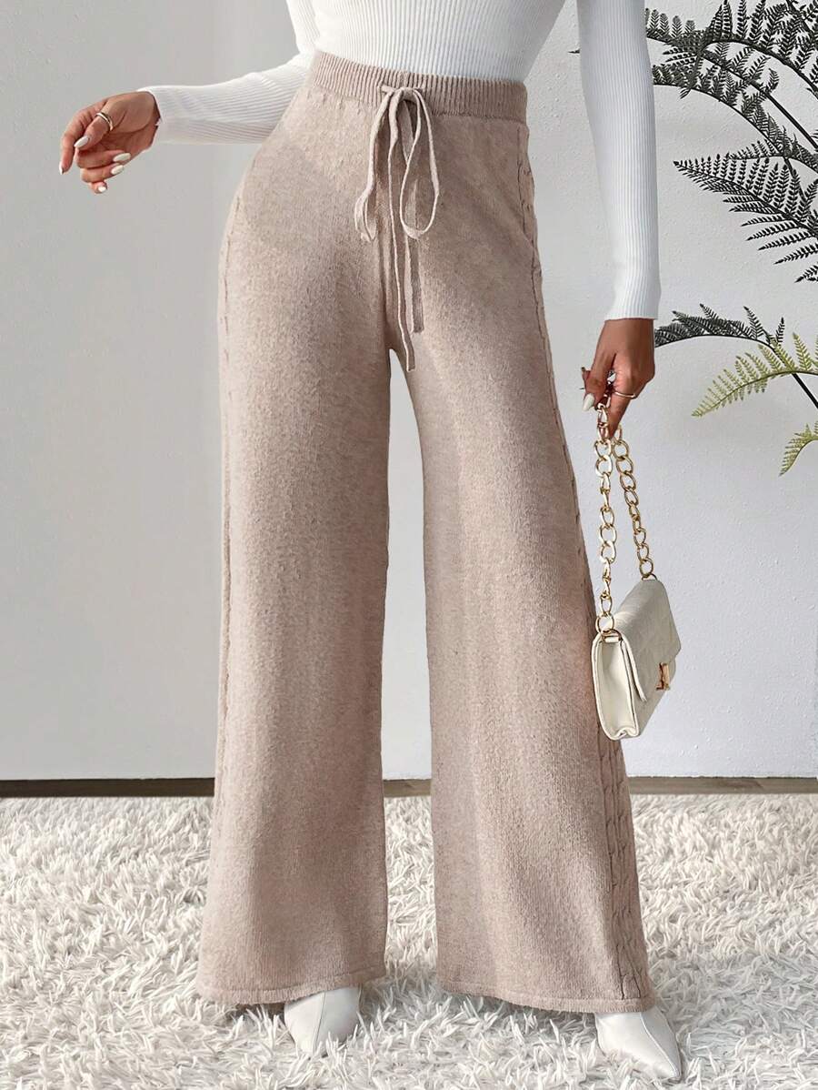 SHEIN LUNE Drawstring Waist Wide Leg Knit Trousers - Khaki - View 1