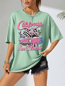 SHEIN EZwear Camiseta de hombros caídos con estampado de coche y letra - Verde - Ver 5