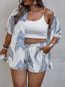 SHEIN CURVE+ 大碼熱帶圖案落肩袖和服罩衫&前繫帶短褲不附吊帶上衣 - 藍色 - 查看 3