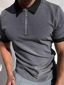 Hombres Camisa polo de cuello en contraste con cremallera media de manga raglán - Gris Oscuro - Ver 1
