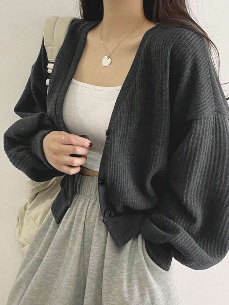 Solid Drop Shoulder Ribbed Knit Button Front Tee Long Sleeve Women Tops Crop Women Tops