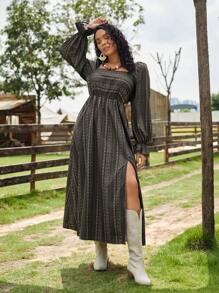 SHEIN VCAY Plus Geo & Striped Print Square Neck Flare Sleeve Split Thigh Dress - Multicolor - View 3