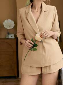 SHEIN Frenchy Plus Solid Blazer & Shorts Set - Camel - View 3