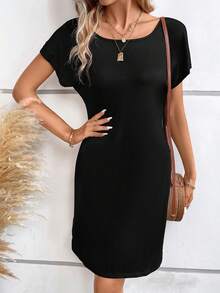 SHEIN Frenchy Solid Batwing Sleeve Tee Dress - Black - View 6