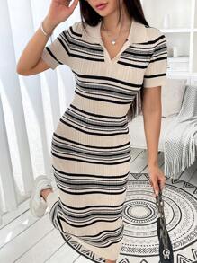 SHEIN EZwear 條紋圖案條紋針織毛衣洋裝 - 米色 - 查看 3