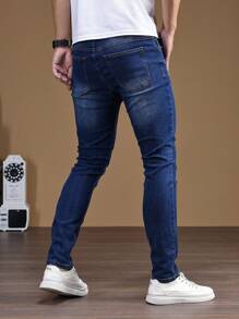 Manfinity Homme Men Ripped Frayed Bleach Wash Skinny Jeans - Dark Wash - View 8