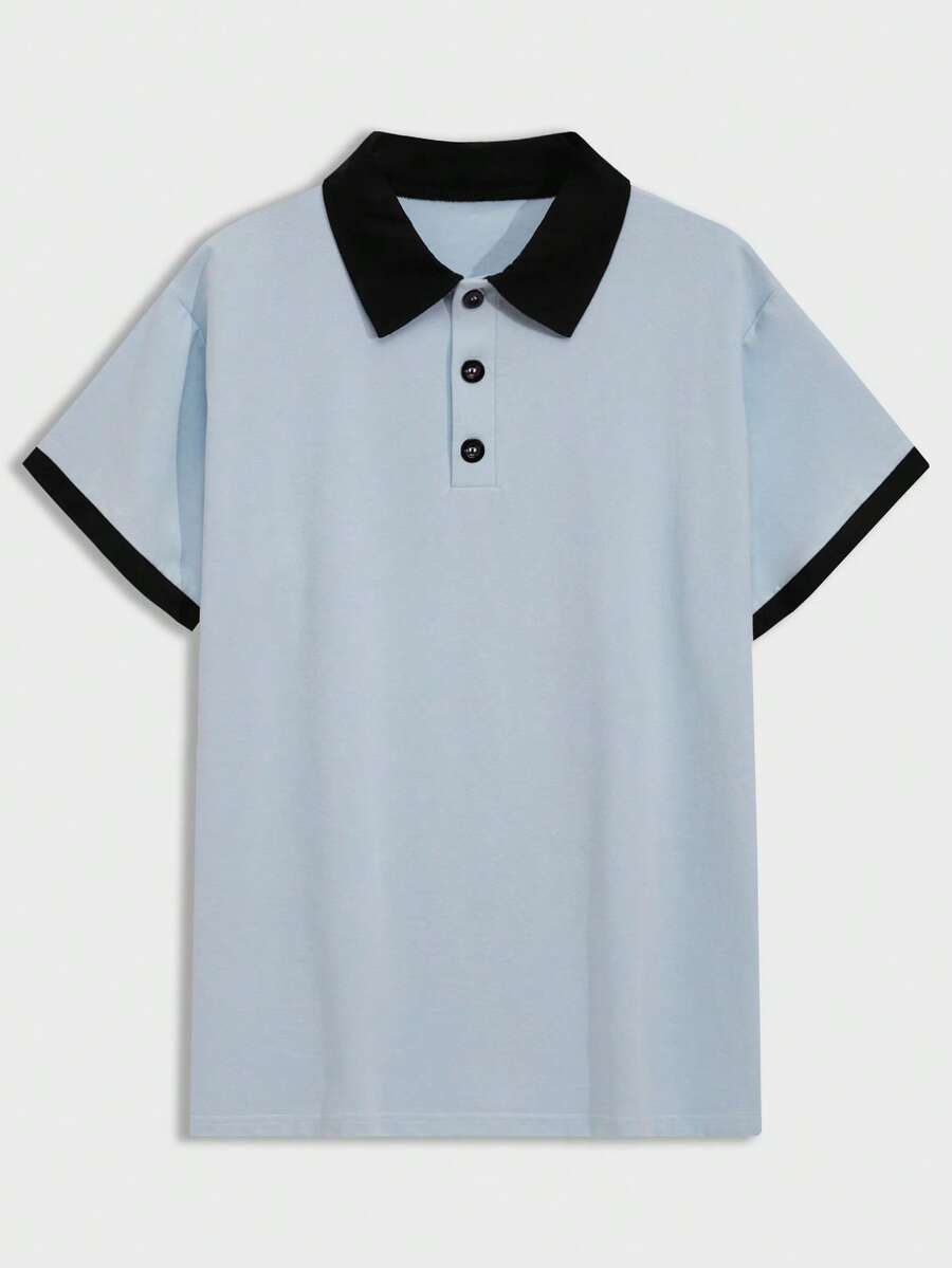 RueChic Men Contrast Trim Polo Shirt - Blue - View 1