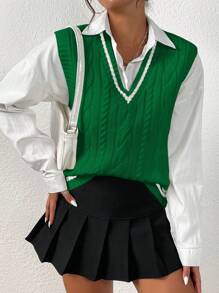 EMERY ROSE Striped Trim Cable Knit Sweater Vest Without Blouse - Green - View 3