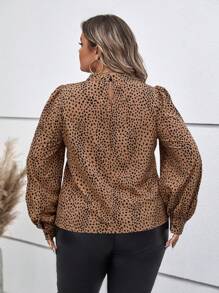 SHEIN Clasi Plus Dalmatian Print Mock Neck Lantern Sleeve Blouse - Khaki - View 2