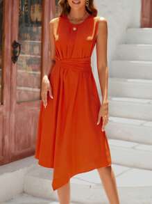 SHEIN Privé Solid Asymmetrical Hem Dress - Orange - View 1