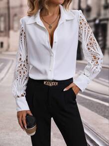 SHEIN Clasi 蕾絲拼接前紐扣襯衫 - 白色 - 查看 3