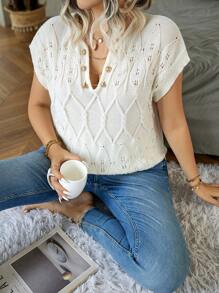 Calvaya Plus Button Detail Batwing Sleeve Pointelle Knit Top - White - View 5