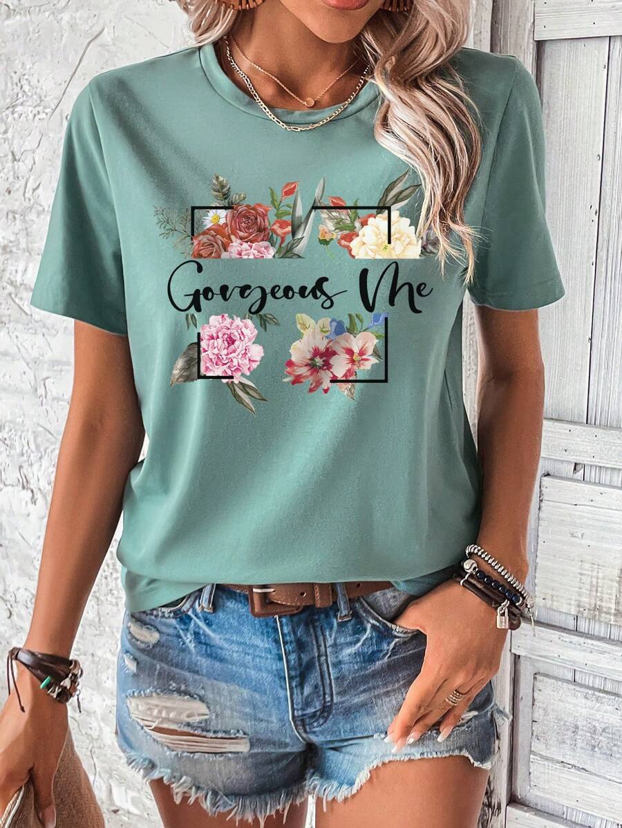 SHEIN LUNE 花卉和字母圖案T恤 - 綠色 - 查看 1