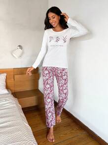 EURMUSE Cotton Floral & Slogan Graphic PJ Set - Red and White - View 5