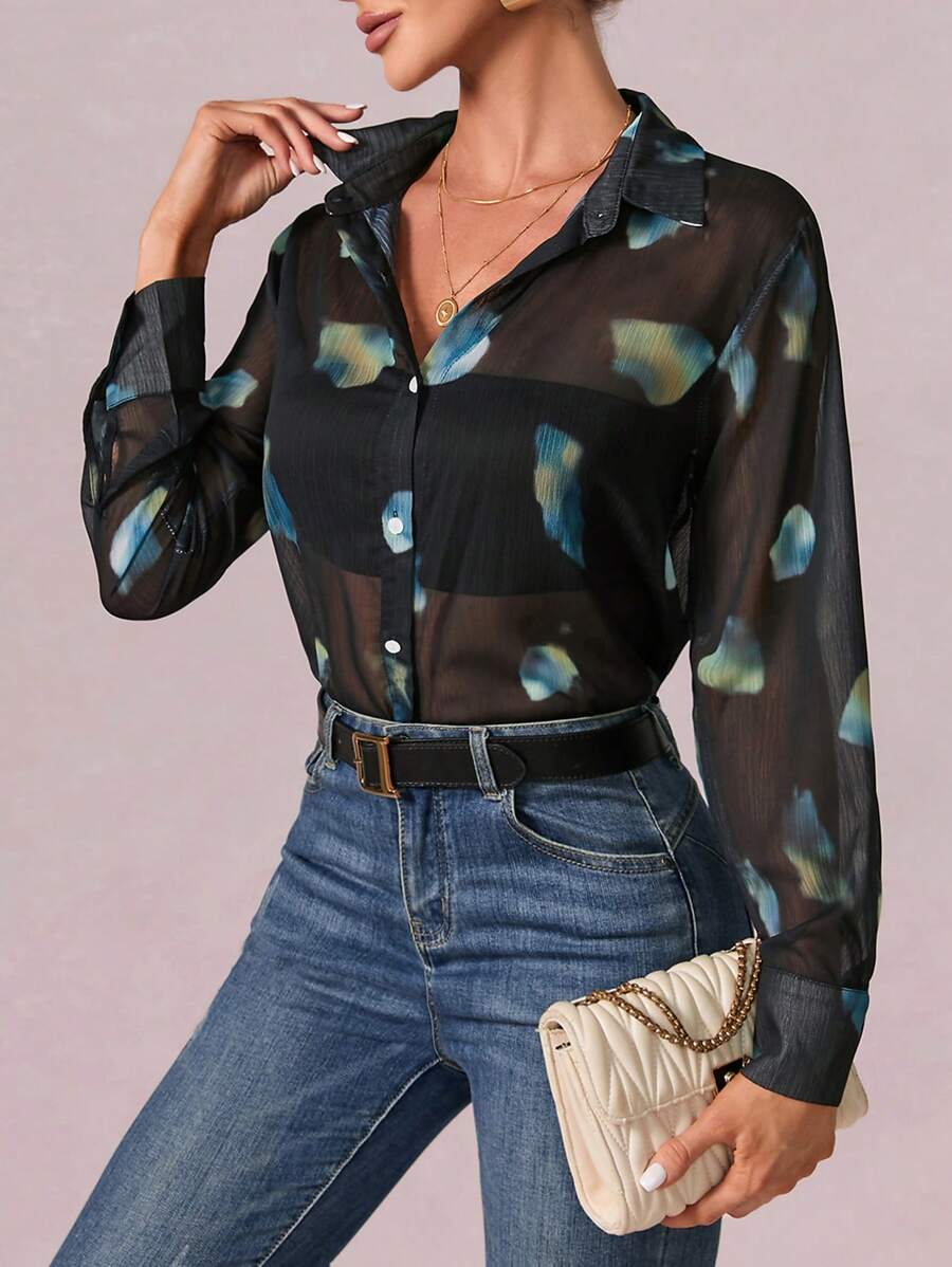 SHEIN Clasi Camisa con estampado de dibujo con botón delantero sin sujetador - Negro - Ver 1