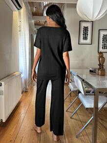 RueChic Letter Graphic Rib-knit Lounge Set - Black - View 2