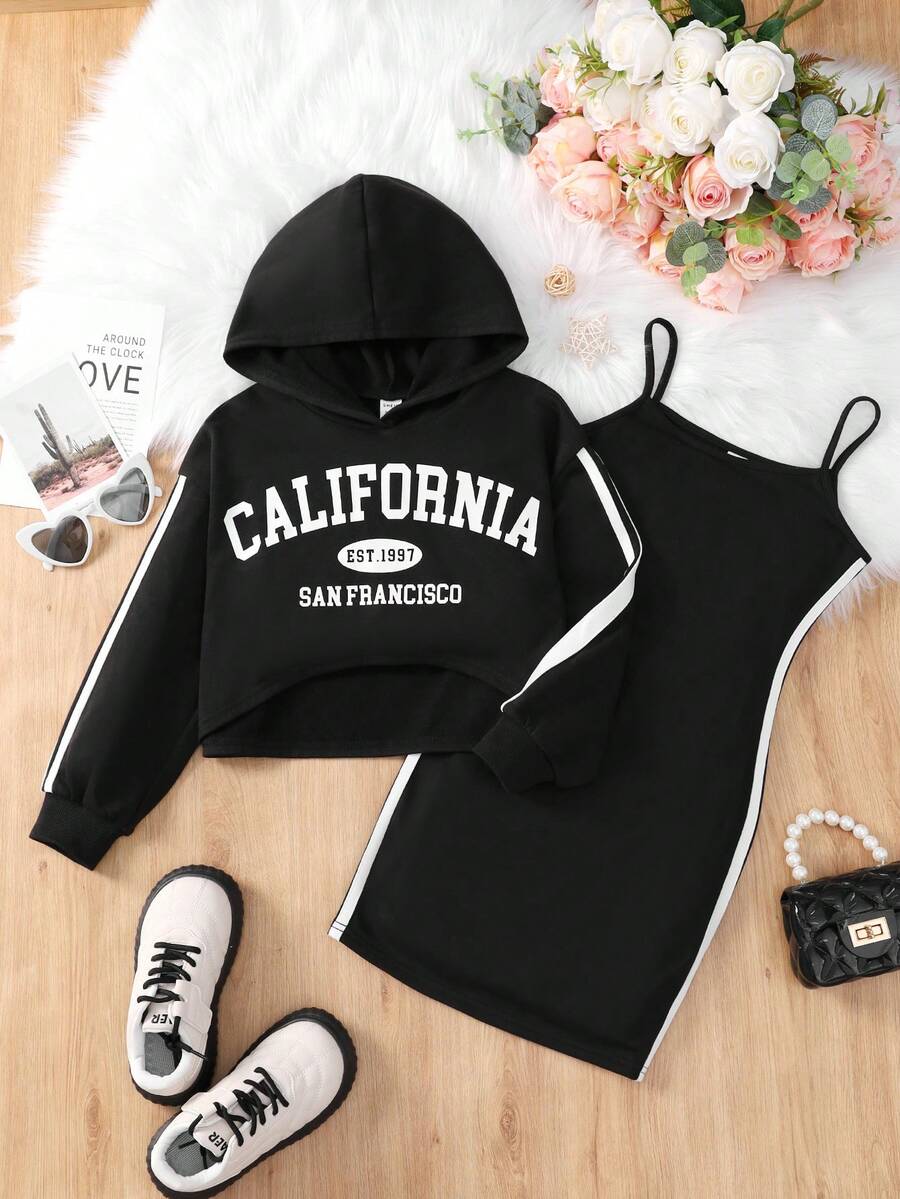 SHEIN Cô gái Tween Đồ họa Chữ cái Tương phản ràng buộc Hoodie & Váy Dây - màu đen - Xem 1