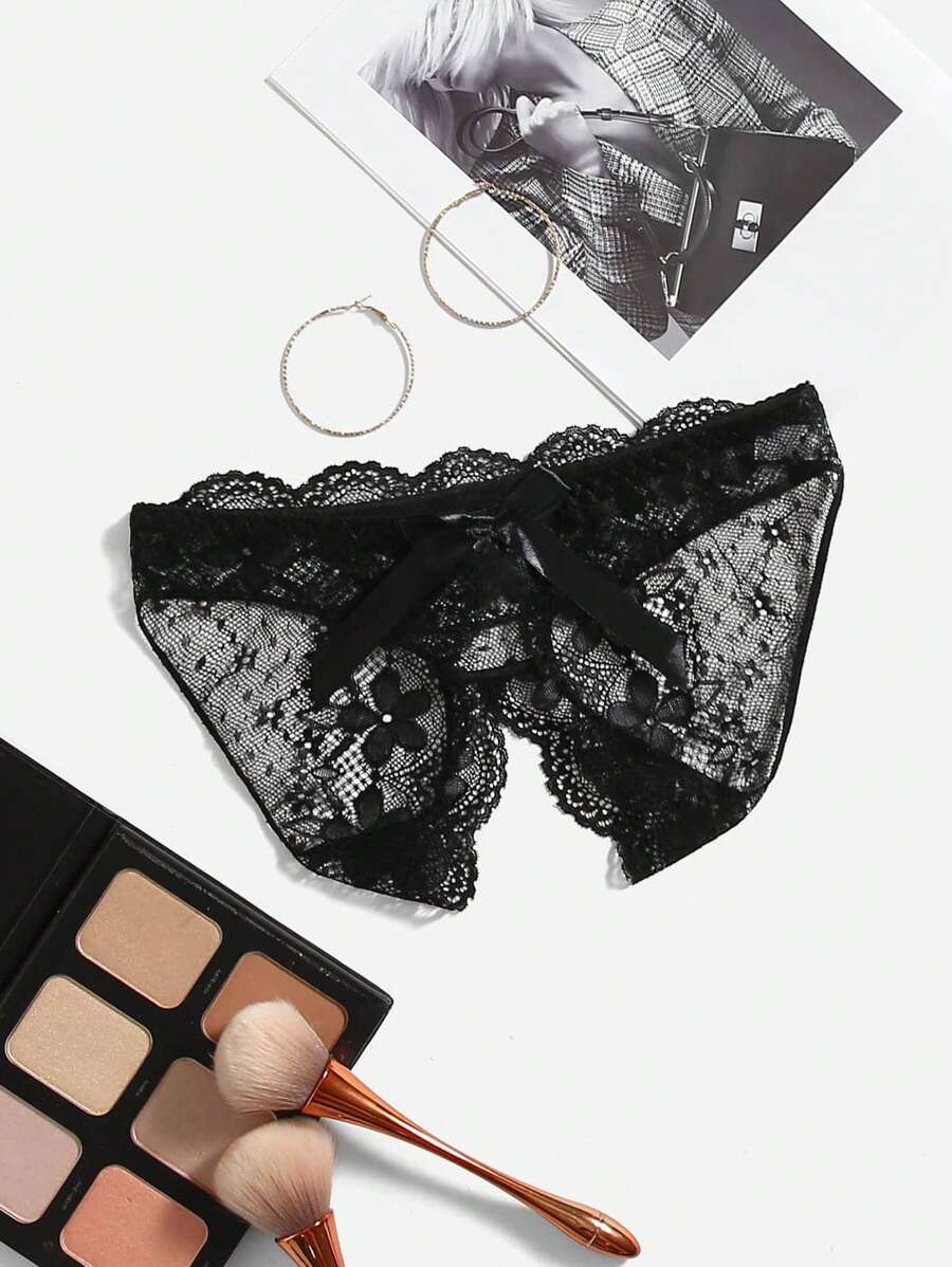 Lencería de encaje floral con moño frontal y braga sin entrepierna - Negro - Ver 1