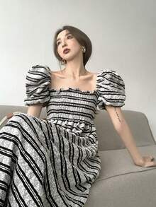 Striped Puff Sleeve Shirred Dress - Grey - View 6