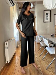 RueChic Letter Graphic Rib-knit Lounge Set - Black - View 4