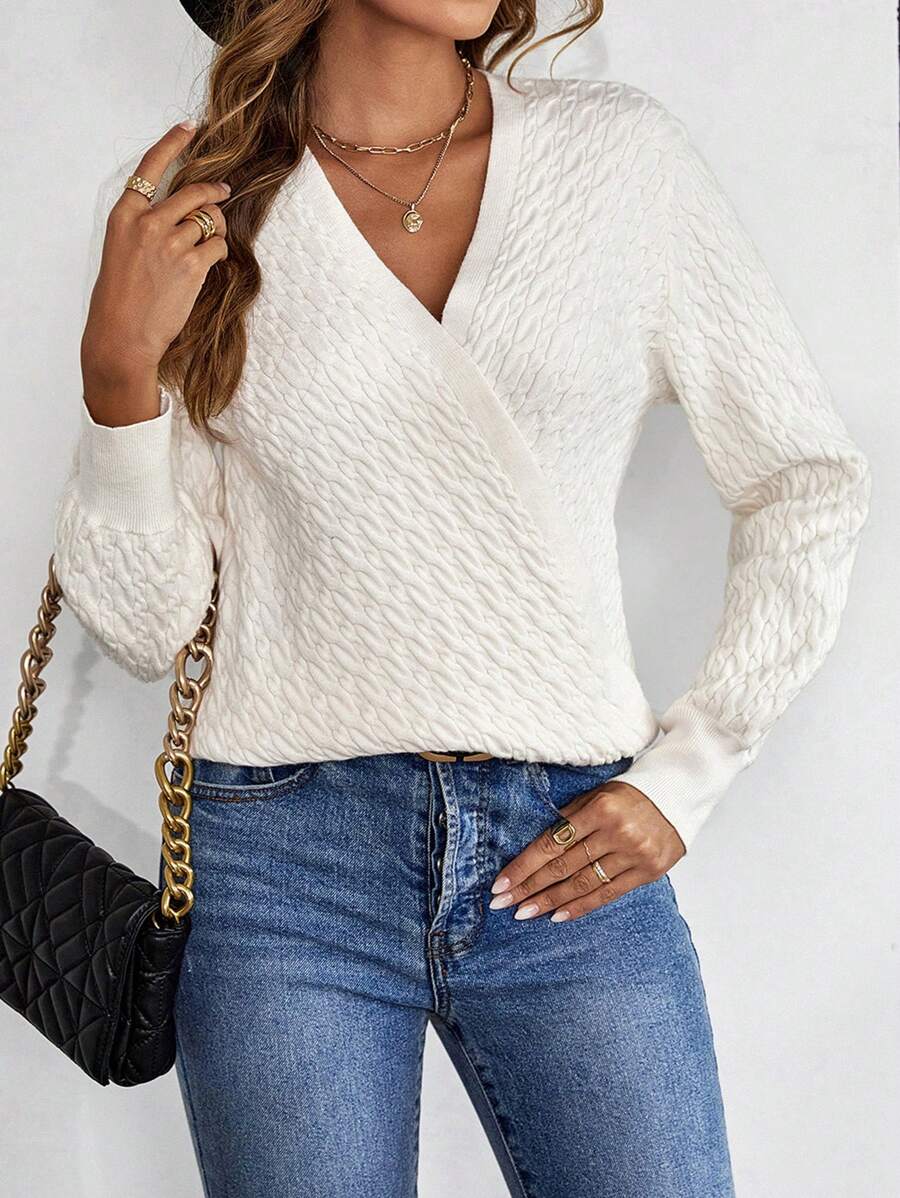 SHEIN Clasi Chất rắn Surplice cổ Áo len - Màu be - Xem 1