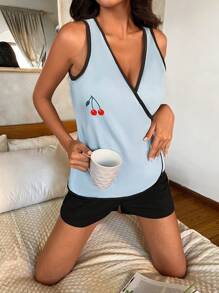 RueChic Cherry Print Contrast Binding Lounge Set - Blue - View 1