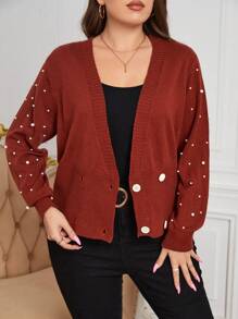 SHEIN Clasi 休閒珠子 雙排釦 珍珠純色大碼開衫 - 鏽棕色 - 查看 4