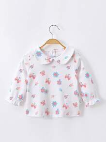 Girls Floral Print Peter Pan Collar Flounce Sleeve Tee
