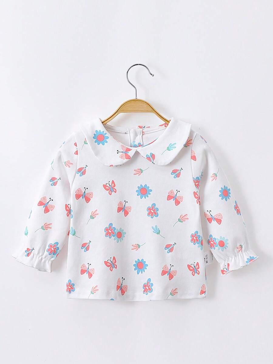 Girls Floral Print Peter Pan Collar Flounce Sleeve Tee