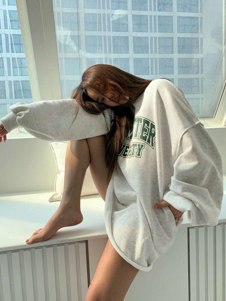 DAZY Letter Graphic Drop Shoulder Sweatshirt,Long Sleeve Tops,Fall Clothes - Grey - View 1